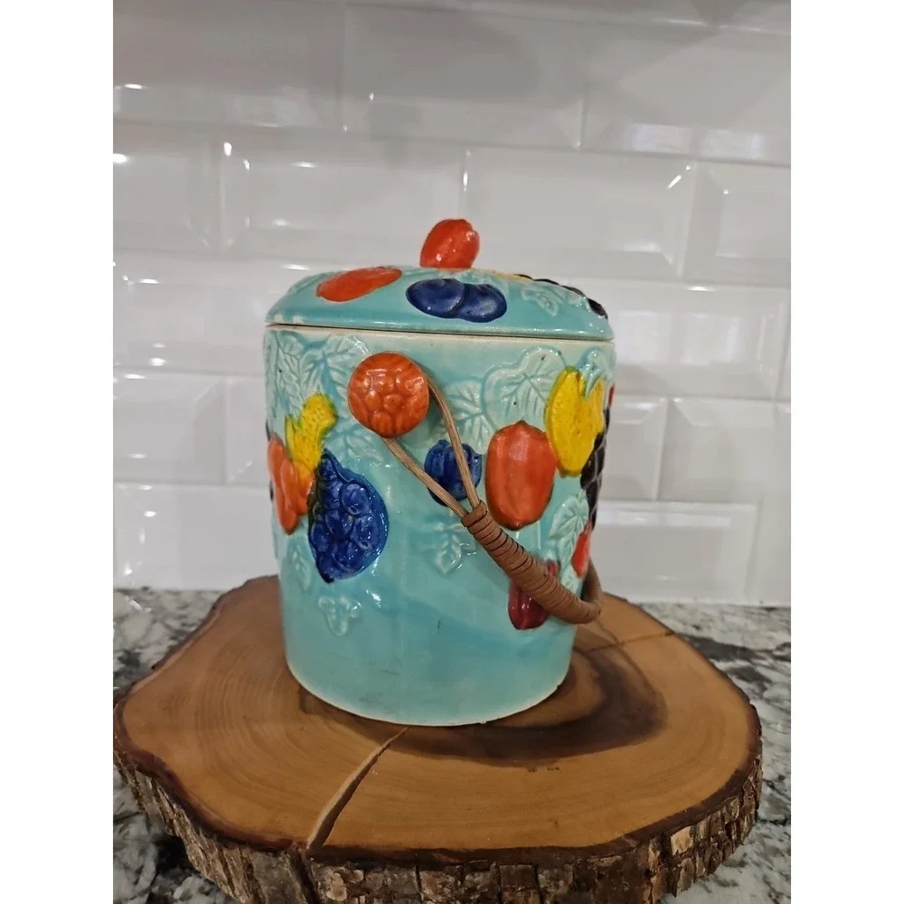 Vintage Biscuit Jar With Lid & Wicker‎ Handle Ceramic Made In Japan 8.5×6×6 inc